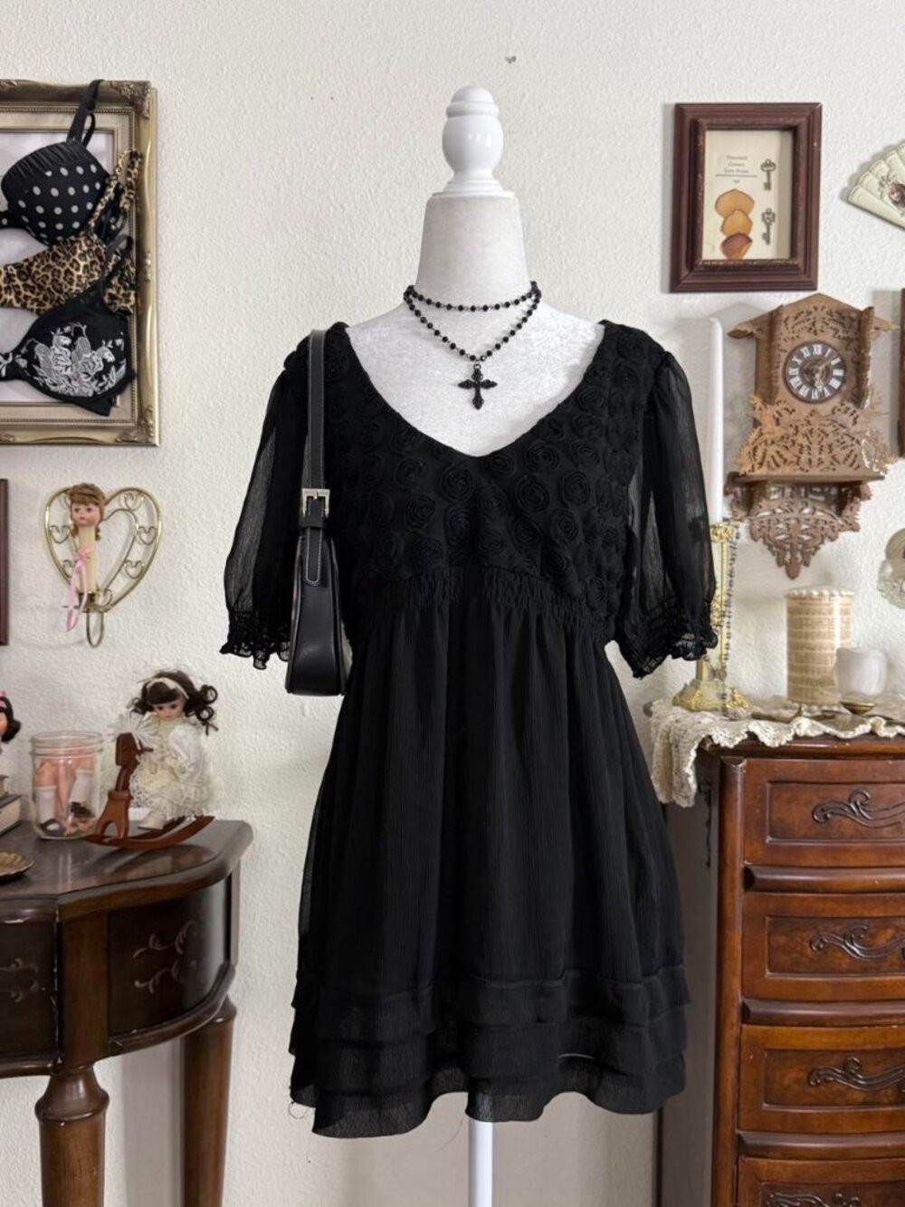 2010s girly grunge m whimsical romantic goth puff sleeve babydoll top w rosettes